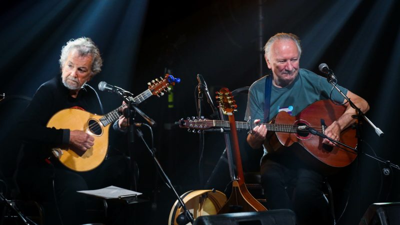 Andy Irvine and Donal Lunny performing for Usher's Island in An Grianan Theatre on Sunday night.